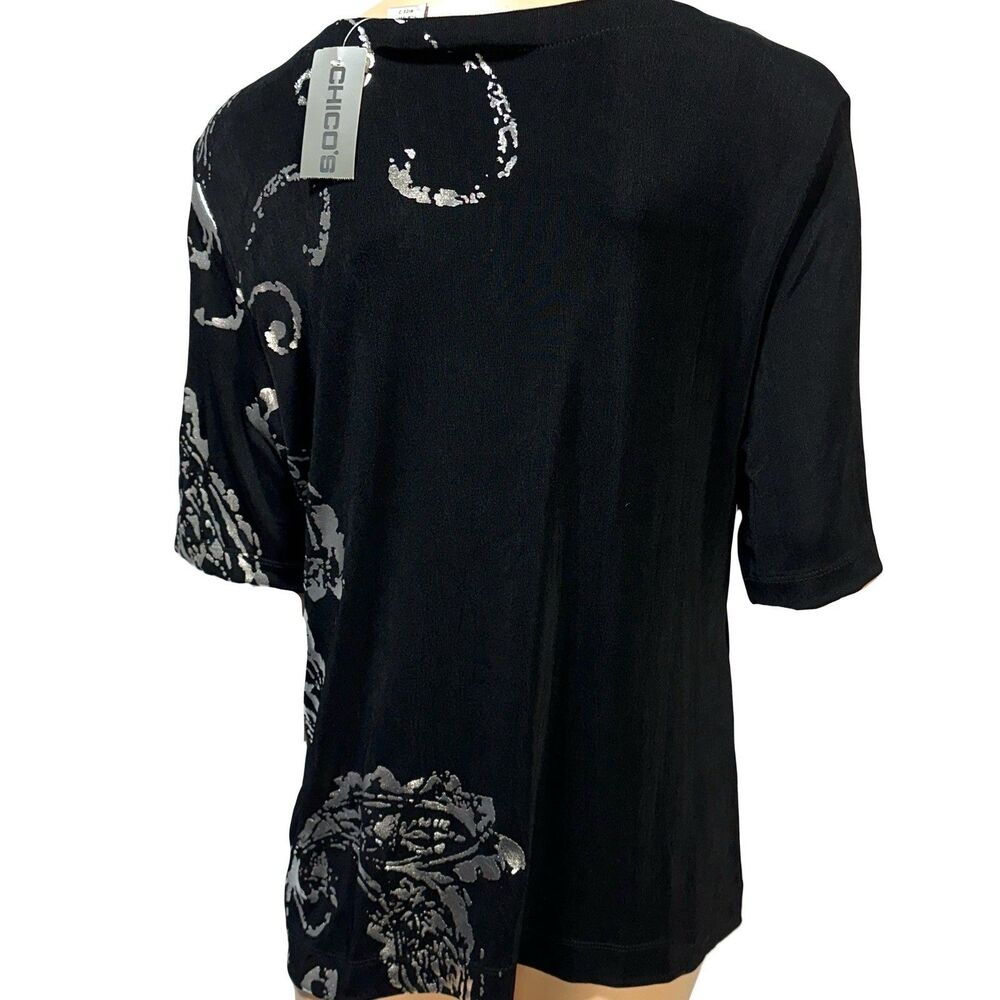 Chicos Travelers 3 Slinky Belinda Top Black Silver Liquid Knit Women US XL NWT - Picture 3 of 8
